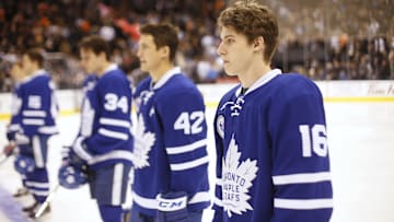 Nov 11, 2016; Toronto, Ontario, CAN; Toronto Maple Leafs forward Mitchell Marner (16) stands during the national anthem prior to a game against the Philadelphia Flyers at the Air Canada Centre. Toronto defeated Philadelphia 6-3. Mandatory Credit: John E. Sokolowski-Imagn Images