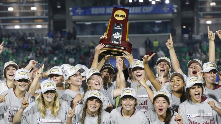 May 17, 2021; Cary, North Carolina, USA; Santa Clara Broncos women's soccer team celebrates after defeating the Florida State Seminoles to win the NCAA Women's College Cup Championship. The game ended in a 1-1 draw after overtime with Santa Clara winning the shootout 4-1. Mandatory Credit: Nell Redmond-USA TODAY Sports