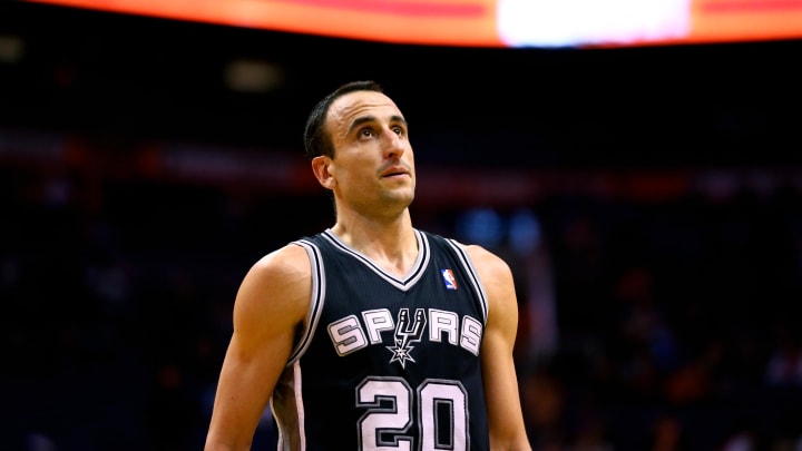 Dec 18, 2013; Phoenix, AZ, USA; San Antonio Spurs forward Manu Ginobili (20) against the Phoenix Suns at US Airways Center. Mandatory Credit: Mark J. Rebilas-USA TODAY Sports