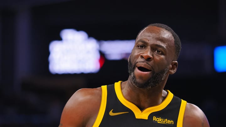 Nov 12, 2023; San Francisco, California, USA; Golden State Warriors forward Draymond Green (23) reacts after a call against the Minnesota Timberwolves during the second quarter at Chase Center. Mandatory Credit: Kelley L Cox-USA TODAY Sports