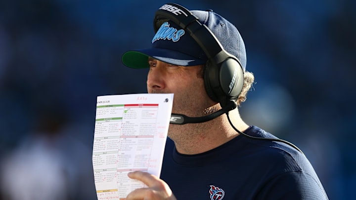 Nov 3, 2019; Charlotte, NC, USA; Tennessee Titans offensive coordinator Arthur Smith calls a play during the game against the Carolina Panthers at Bank of America Stadium. Mandatory Credit: Jeremy Brevard-Imagn Images