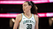 Jun 25, 2025; San Francisco, California, USA; New York Liberty forward Breanna Stewart (30) awaits the resumption of play against the Golden State Valkyries during the fourth quarter at Chase Center. Mandatory Credit: D. Ross Cameron-Imagn Images