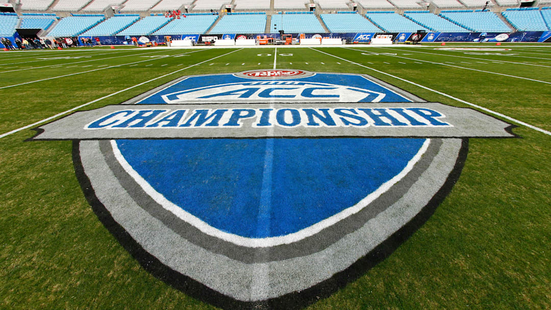 Dec 2, 2017; Charlotte, NC, USA; A view of the logo at center field prior to the game between the Clemson Tigers and the Miami Hurricanes in the ACC championship game at Bank of America Stadium. Mandatory Credit: Jeremy Brevard-Imagn Images