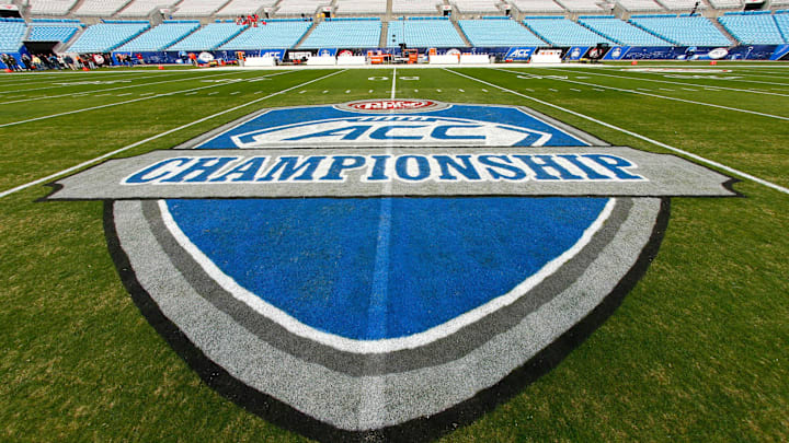 Dec 2, 2017; Charlotte, NC, USA; A view of the logo at center field prior to the game between the Clemson Tigers and the Miami Hurricanes in the ACC championship game at Bank of America Stadium. Mandatory Credit: Jeremy Brevard-Imagn Images