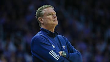 Feb 8, 2025; Manhattan, Kansas, USA; Kansas Jayhawks head coach Bill Self watches his team during the second half against the Kansas State Wildcats at Bramlage Coliseum. Mandatory Credit: Scott Sewell-Imagn Images