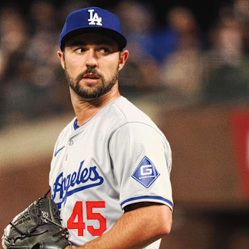 May 14, 2024; San Francisco, California, USA; Los Angeles Dodgers relief pitcher J.P. Feyereisen (45) on the mound against the San Francisco Giants during the seventh inning at Oracle Park. Mandatory Credit: Kelley L Cox-Imagn Images