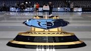 Nov 19, 2024; Memphis, Tennessee, USA; The Memphis Grizzlies court for the NBA Cup tournament prior to the game at FedExForum against the Denver Nuggets. Mandatory Credit: Petre Thomas-Imagn Images