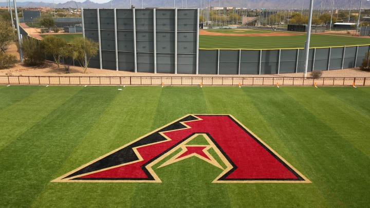 Feb 13, 2019; Scottsdale, AZ, USA; Arizona Diamondbacks logo is seen during the first day of spring training workouts at Salt River Fields. Mandatory Credit: Rob Schumacher/The Republic via USA TODAY NETWORK