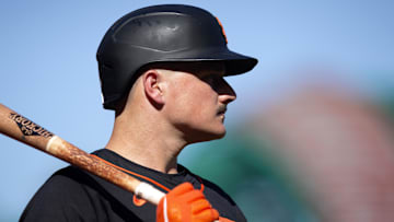 Aug 30, 2025; San Francisco, California, USA; San Francisco Giants third baseman Matt Chapman (26) waits in the on deck circle during the first inning against the Baltimore Orioles at Oracle Park. Mandatory Credit: D. Ross Cameron-Imagn Images