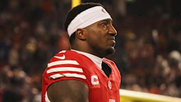 Dec 12, 2024; Santa Clara, California, USA; San Francisco 49ers wide receiver Deebo Samuel Sr (1) before the game against the Los Angeles Rams at Levi's Stadium. Mandatory Credit: Kelley L Cox-Imagn Images