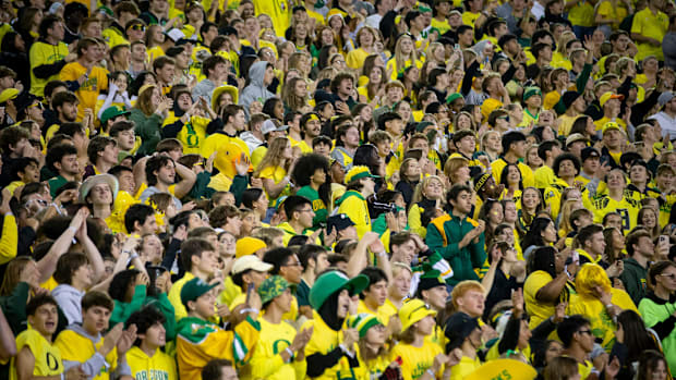 Oregon Ducks students sing and dance along to “Shout” as the Ducks host the Spartans Friday, Oct. 4, 2024 at Autzen Stadium