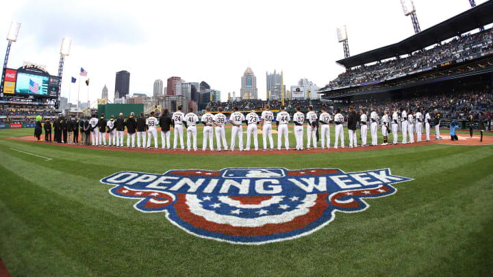 Apr 7, 2017; Pittsburgh, PA, USA; Pittsburgh Pirates players stand for the national anthem before playing the Atlanta Braves in the 2017 season opening home game at PNC Park. Mandatory Credit: Charles LeClaire-USA TODAY Sports