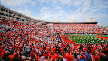 Fans fill the stadium during a Bedlam college football game between the Oklahoma State University Cowboys (OSU) and the University of Oklahoma Sooners (OU) at Boone Pickens Stadium in Stillwater, Oklahoma on Saturday, Nov. 4, 2023.
