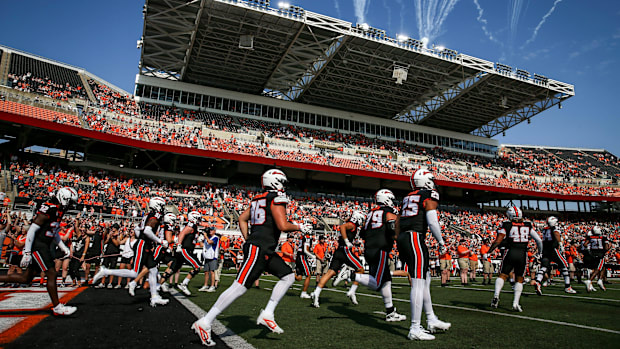 Oregon State Beavers run out onto the field before facing Idaho State in the season opener