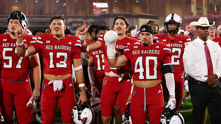 Aug 30, 2025; Lubbock, Texas, USA;  Members of the Texas Tech Red Raiders sing the school song after the game against the Arkansas-Pine Bluff Golden Lions at Jones AT&T Stadium. Mandatory Credit: Michael C. Johnson-Imagn Images