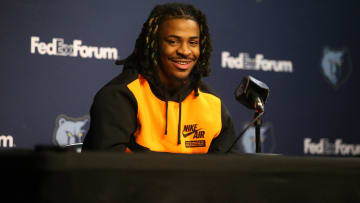 Dec 15, 2023; Memphis, TN, USA; Memphis Grizzlies guard Ja Morant answers questions from media about his time away from the team during his 25 game suspension during a press conference at FedExForum. Mandatory Credit: Petre Thomas-USA TODAY Sports