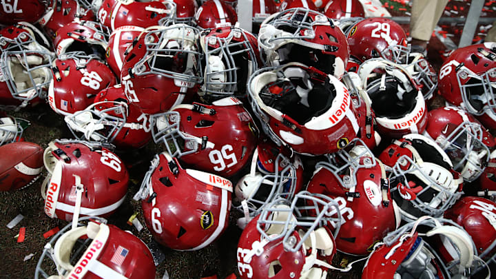Jan 8, 2018; Atlanta, GA, USA; Detailed view of Alabama Crimson Tide player helmets on the ground after defeating the Georgia Bulldogs in the 2018 CFP national championship college football game at Mercedes-Benz Stadium. 
