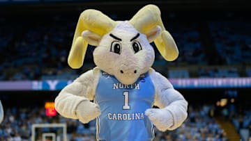 Dec 30, 2019; Chapel Hill, North Carolina, USA;  Ramses the North Carolina Tar Heels mascot performs  on the court before the North Carolina Tar Heels play the Yale Bulldogs at Dean E. Smith Center. Mandatory Credit: Nell Redmond-Imagn Images