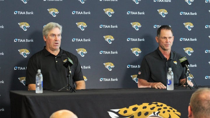 Jaguars head coach Doug Pederson (right) and general manager Trent Baalke (left) talks to media.
