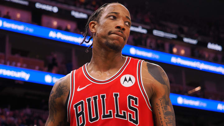 Bulls forward DeMar DeRozan reacts after scoring a basket during a game against the Warriors at Chase Center. 