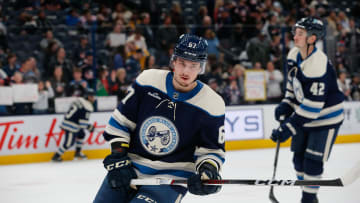 Apr 6, 2024; Columbus, Ohio, USA; Columbus Blue Jackets left wing James Malatesta (67) during pregame warmup against the Philadelphia Flyers at Nationwide Arena. Mandatory Credit: Russell LaBounty-USA TODAY Sports