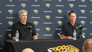 Jaguars head coach Doug Pederson (right) and general manager Trent Baalke (left) talk to the media.