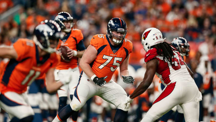 Aug 29, 2019; Denver, CO, USA; Denver Broncos offensive tackle Quinn Bailey (75) guards Arizona Cardinals linebacker Vontarrius Dora (54) in the second quarter at Broncos Stadium at Mile High. Mandatory Credit: Isaiah J. Downing-USA TODAY Sports