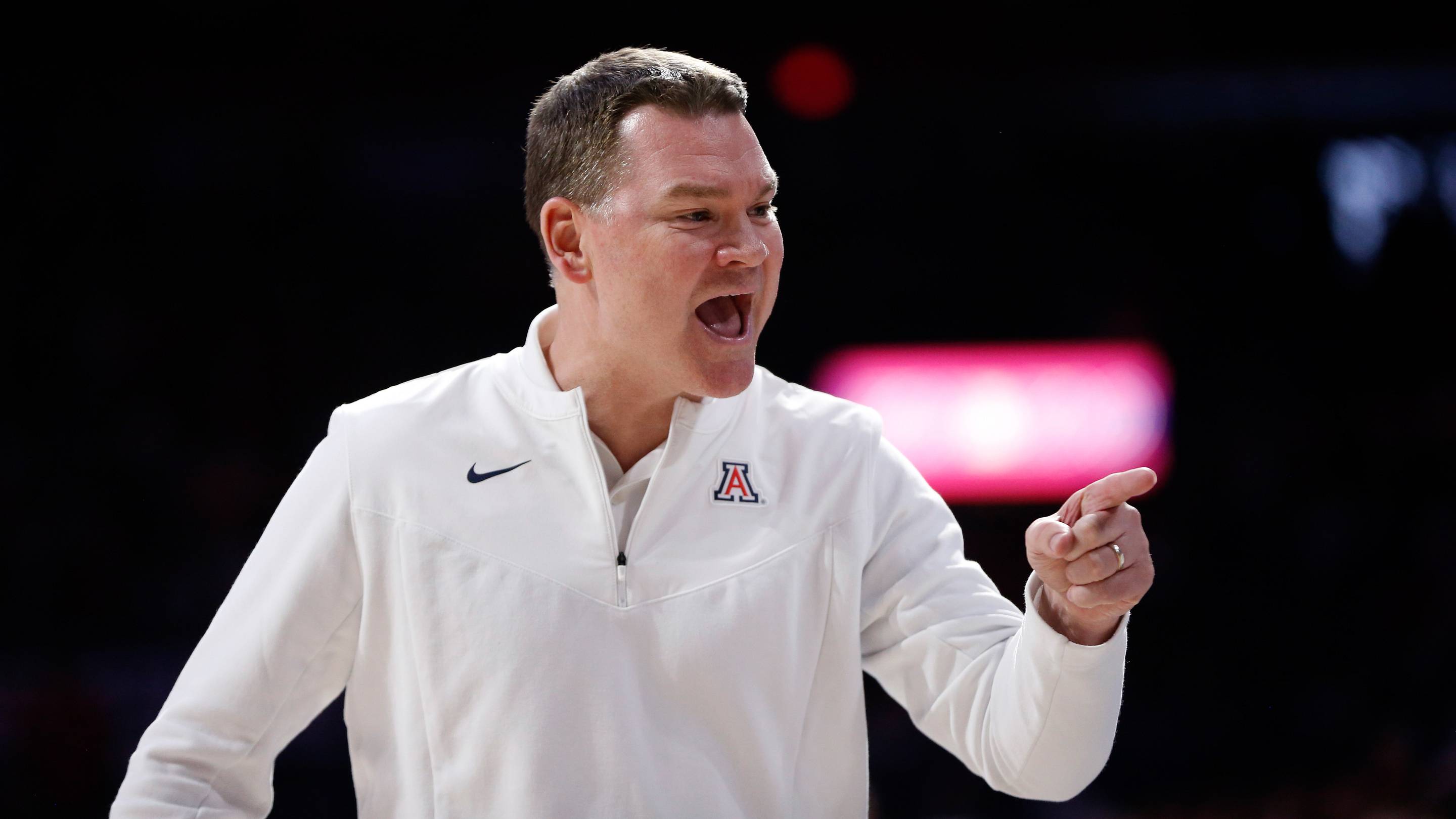 Feb 3, 2022; Tucson, Arizona, USA; Arizona Wildcats head coach Tommy Lloyd gestures during the first half against the UCLA Bruins at McKale Center. The Wildcats beat the Bruins 76-66. | USA TODAY Sports