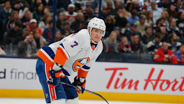 Apr 17, 2025; Columbus, Ohio, USA; New York Islanders right wing Maxim Tsyplakov (7) against the Columbus Blue Jackets during the second period at Nationwide Arena. Mandatory Credit: Russell LaBounty-Imagn Images