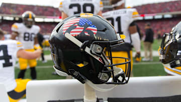 Nov 11, 2017; Madison, WI, USA; An Iowa Hawkeyes helmet during the game against the Wisconsin Badgers at Camp Randall Stadium. Mandatory Credit: Jeff Hanisch-Imagn Images