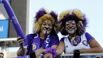 May 6, 2016; Orlando, FL, USA; Orlando City SC fans dress up as lions during the first half against the New York Red Bulls at Camping World Stadium. Mandatory Credit: Kim Klement-Imagn Images