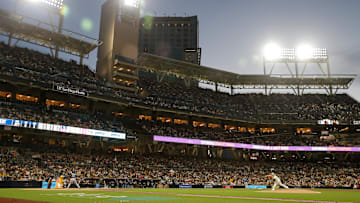 Apr 25, 2025; San Diego, California, USA; San Diego Padres starting pitcher Michael King (34) pitches to Tampa Bay Rays catcher Ben Rortvedt (30) during the fourth inning at Petco Park. Mandatory Credit: Chadd Cady-Imagn Images