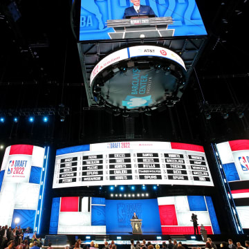 Jun 23, 2022; Brooklyn, NY, USA; A general view as NBA commissioner Adam Silver speaks before the first round of the 2022 NBA Draft at Barclays Center. Mandatory Credit: Brad Penner-USA TODAY Sports