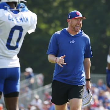 Bills offensive coordinator Joe Brady gives instructions during drills during day six of Buffalo Bills training camp at St. John Fisher University Tuesday, July 29, 2025 in Pittsford, NY.