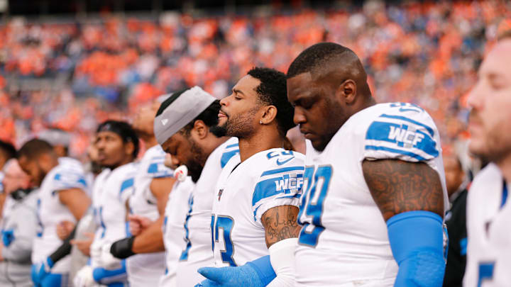 Dec 22, 2019; Denver, Colorado, USA; Detroit Lions cornerback Darius Slay (23) and defensive tackle John Atkins (99) before the game against the Denver Broncos at Empower Field at Mile High. Mandatory Credit: Isaiah J. Downing-Imagn Images