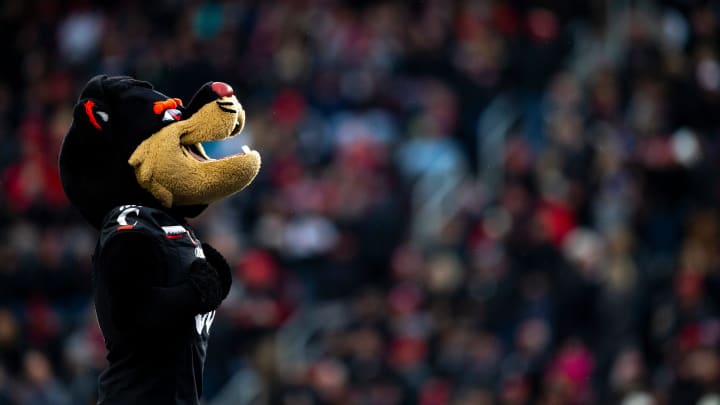 Cincinnati Bearcats mascot stands in the end zone in the first half of the NCAA football game between the Cincinnati Bearcats and the Southern Methodist Mustangs on Saturday, Nov. 20, 2021, at Nippert Stadium in Cincinnati.

Southern Methodist Mustangs At Cincinnati Bearcats 23