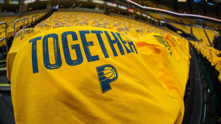 Apr 27, 2018; Indianapolis, IN, USA; A general view of the \"together\" Indiana Pacers shirts on the chairs before game six against the Cleveland Cavaliers in the first round of the 2018 NBA Playoffs at Bankers Life Fieldhouse. Mandatory Credit: Trevor Ruszkowski-USA TODAY Sports