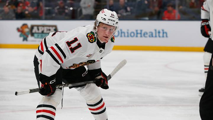 Feb 4, 2026; Columbus, Ohio, USA; Chicago Blackhawks center Oliver Moore (11) against the Columbus Blue Jackets during the first period at Nationwide Arena. Mandatory Credit: Russell LaBounty-Imagn Images