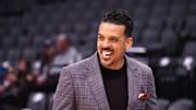 Mar 7, 2022; Sacramento, California, USA; Former NBA player Matt Barnes smiles on the court before the game between the Sacramento Kings and New York Knicks at Golden 1 Center. Mandatory Credit: Kelley L Cox-Imagn Images