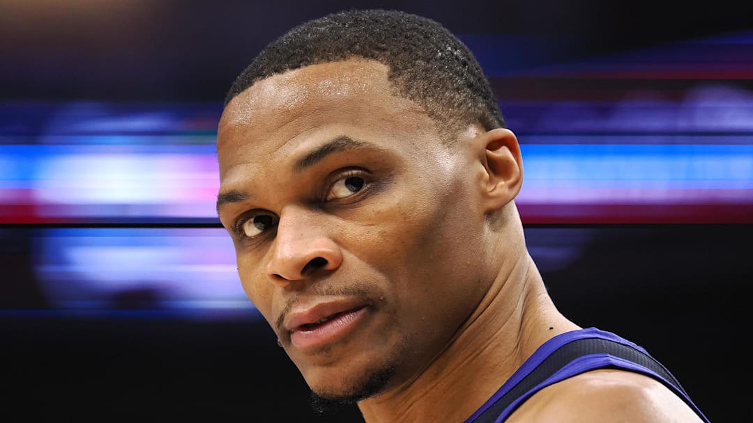 Dec 27, 2025; Sacramento, California, USA; Sacramento Kings guard Russell Westbrook (18) looks to the baseline during the second quarter against the Dallas Mavericks at Golden 1 Center. Dec 27, 2025; Sacramento, California, USA; Sacramento Kings guard Russell Westbrook (18) looks to the baseline during the second quarter against the Dallas Mavericks at Golden 1 Center.