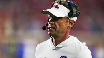 Nov 15, 2025; Oxford, Mississippi, USA; Mississippi Rebels head coach Lane Kiffin stands on the sideline during the second half against the Florida Gators at Vaught-Hemingway Stadium.