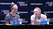 Mar 20, 2022; Stanford, California, USA; Stanford Cardinal guard Lexie Hull (12) and forward Cameron Brink (22) smile during during a post-game press conference after a win against the Kansas Jayhawks Maples Pavilion. Mandatory Credit: Kelley L Cox-Imagn Images