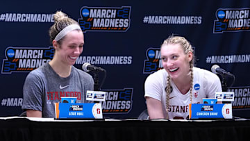 Mar 20, 2022; Stanford, California, USA; Stanford Cardinal guard Lexie Hull (12) and forward Cameron Brink (22) smile during during a post-game press conference after a win against the Kansas Jayhawks Maples Pavilion. Mandatory Credit: Kelley L Cox-Imagn Images