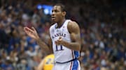 Kansas freshman guard MJ Rice (11) claps after getting a lay up in the first half of Thursday's game against North Dakota State inside Allen Fieldhouse.