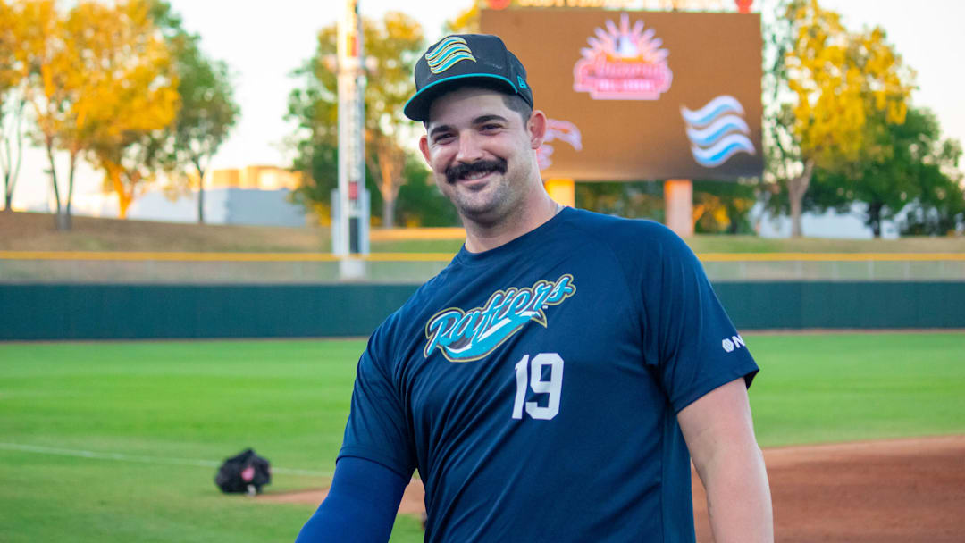 Detroit Tigers right-handed reliever RJ Petit hangs out on the field before a game with the Salt River Rafters in the Arizona Fall League on November 2, 2023 in Scottsdale, Arizona.