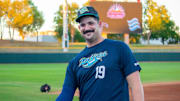 Detroit Tigers right-handed reliever RJ Petit hangs out on the field before a game with the Salt River Rafters in the Arizona Fall League on November 2, 2023 in Scottsdale, Arizona.