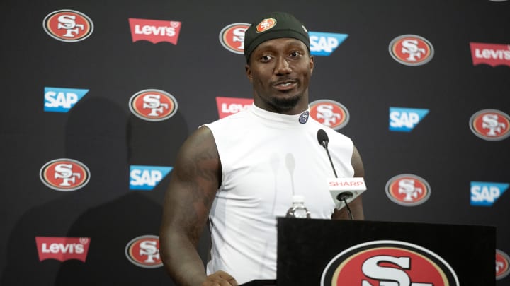 Jul 26, 2024; Santa Clara, CA, USA; San Francisco 49ers wide receiver Deebo Samuel talks to the press during Day 4 of training camp at SAP Performance Facility. Mandatory Credit: D. Ross Cameron-USA TODAY Sports