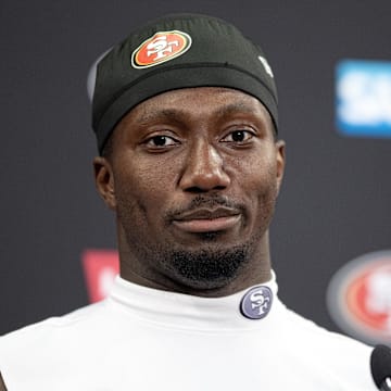 Jul 26, 2024; Santa Clara, CA, USA; San Francisco 49ers wide receiver Deebo Samuel talks to the press during Day 4 of training camp at SAP Performance Facility. Mandatory Credit: D. Ross Cameron-Imagn Images