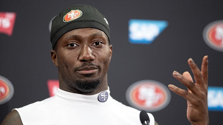 Jul 26, 2024; Santa Clara, CA, USA; San Francisco 49ers wide receiver Deebo Samuel talks to the press during Day 4 of training camp at SAP Performance Facility. Mandatory Credit: D. Ross Cameron-Imagn Images