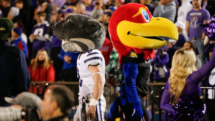 Big Jay and Willie the Wildcat part ways following an interaction at Saturday's Sunflower Showdown inside David Booth Kansas Memorial Stadium.